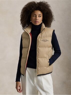 Polo by Ralph Lauren Tan Quilted Vest with Navy Trim and Red Interior